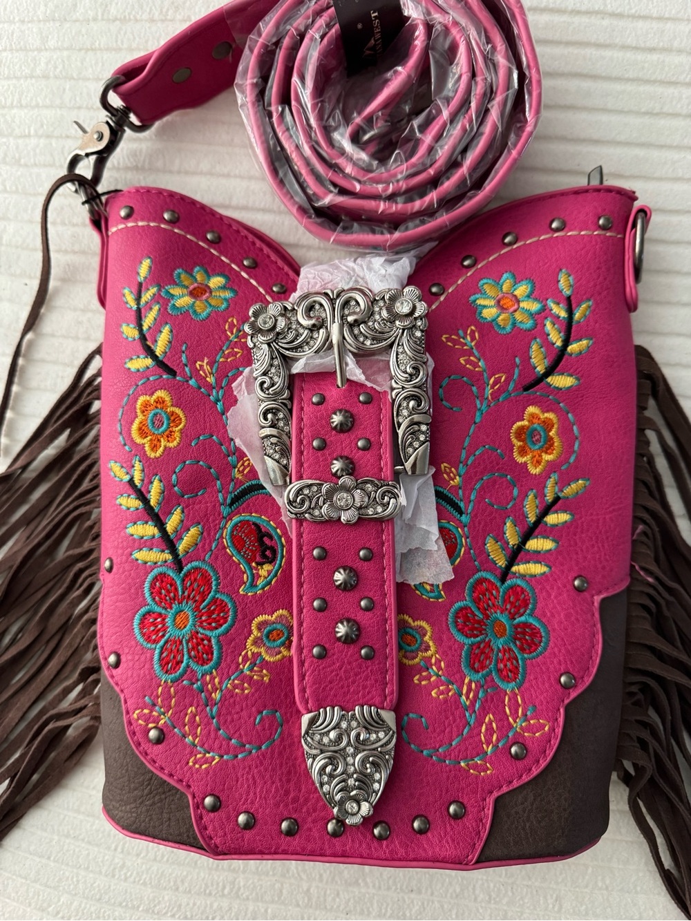 Montana West Pink Embroidered Fringe Crossbody with Ornate Silver Buckle
